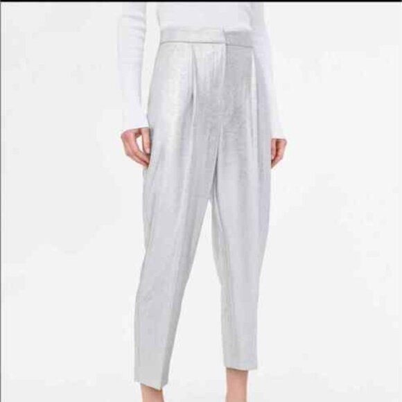 ZARA Women's Metallic Pink High Waist Cropped Cigarette Prom Pants - Picture 2 of 7